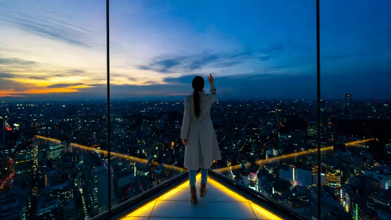 Woman looking metropolis cityscape at skyscraper building rooftop at sunset.